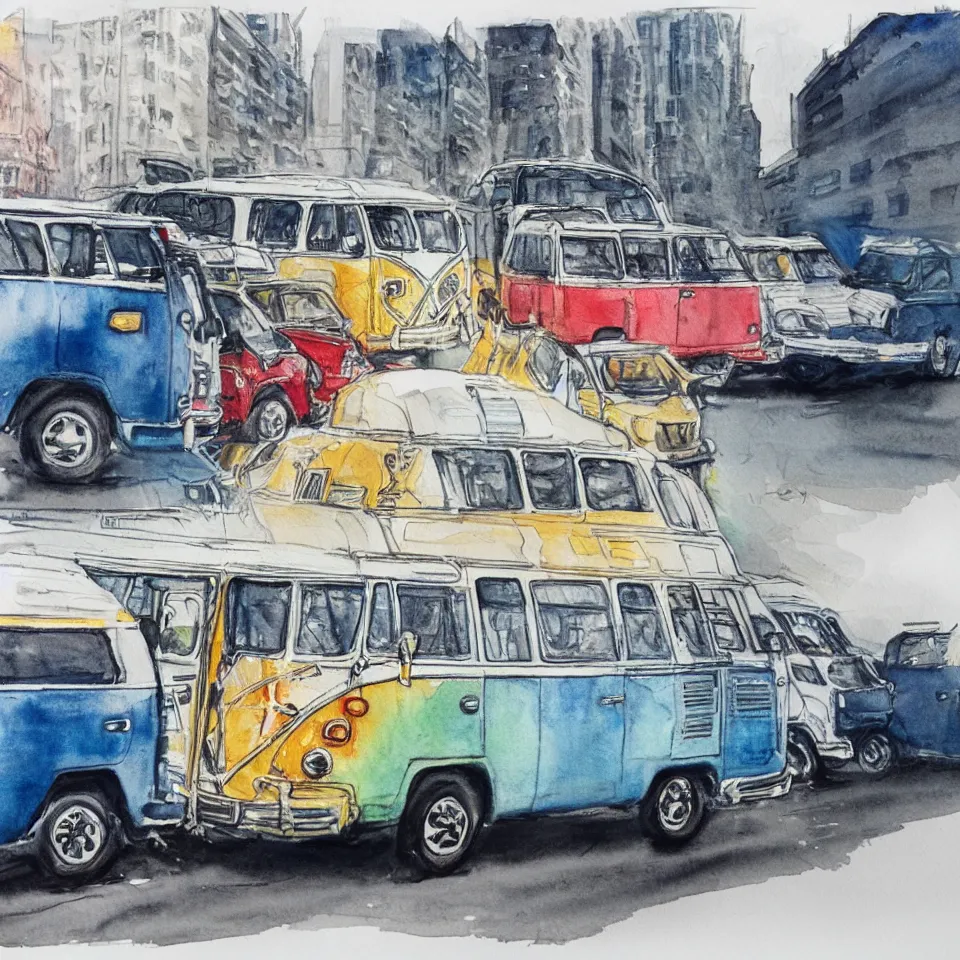 Image similar to a detailed watercolor sketch of vw bus in new york city