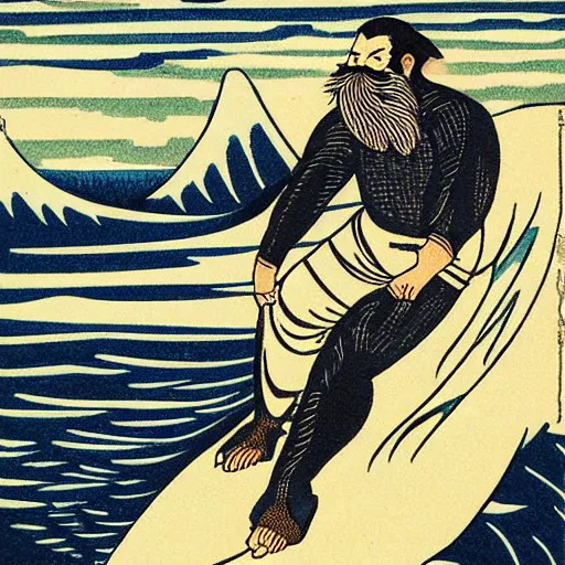 Image similar to bearded man surfing, woodblock print, style of hokusai, fine art, style of kanagawa, painting