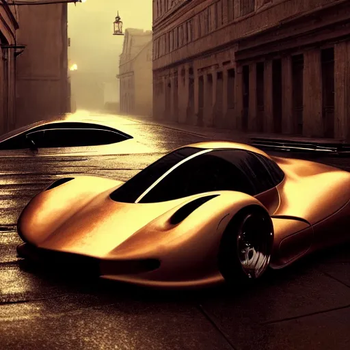 Image similar to cyber vintage supercar slick, warm tones : by michal karcz, daniel merriam, victo ngai and guillermo del toro : ornate, dynamic, particulate, intricate, elegant, highly detailed, centered, artstation, smooth, sharp focus, octane render