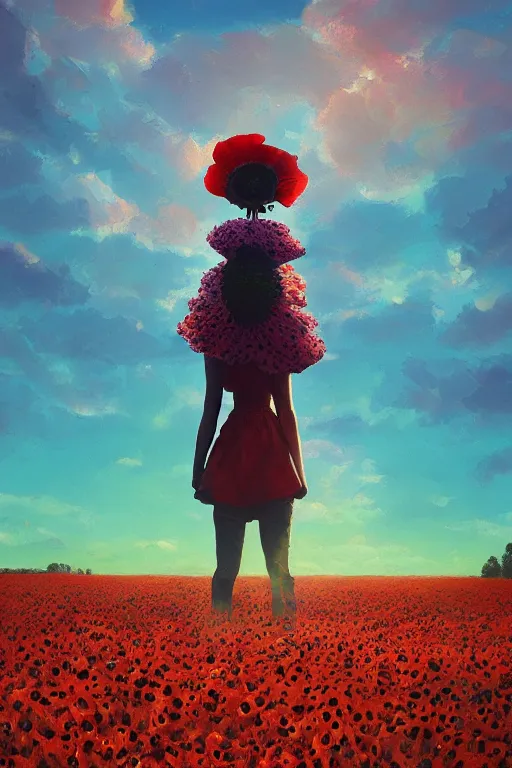 Image similar to closeup, giant poppy flower head, girl standing in a field of flowers, surreal photography, sunrise, blue sky, dramatic light, impressionist painting, digital painting, artstation, simon stalenhag