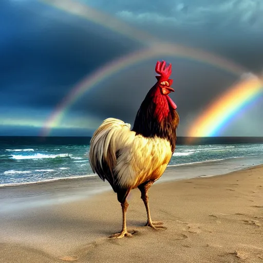 Prompt: a photo of a rooster wearing a fedora standing on a unicorn at the beach, detailed, vibrant, magical, realism, rainbow, sunset, clear, 8k, hd, award winning image