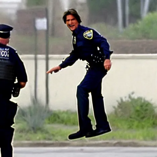 Image similar to tom cruise jumping on a pogo stick getting arrested