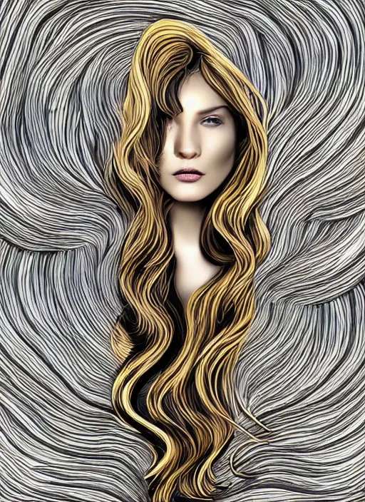 Image similar to dramatic digital art of a woman with super wavy snake goldened marble hair. moody and melanchonic.