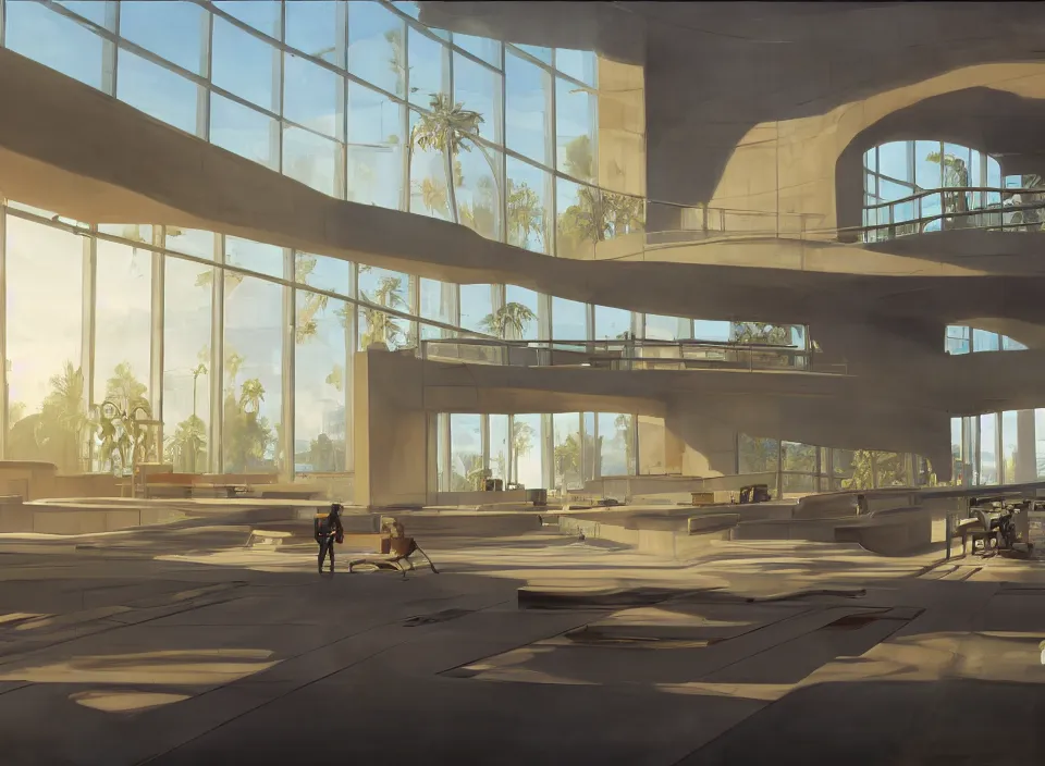 Prompt: a beautiful modern library as grand theft auto 5 concept art, scifi setting, clean environment, serene lighting, atmospheric, cinematic, gorgeous, in the style of diego koi, gina heyer, luiz escanuela, art by alyssa monk, hyperrealism, rule of thirds, golden ratio, oil on canvas, 8 k