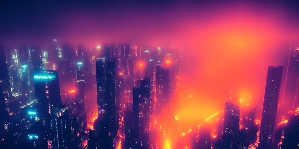 Image similar to megacity seen from above, neon signs, giant screens, eerie fog, blade runner, ex machina