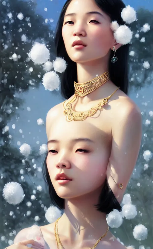 Image similar to a beautiful young charming asian goddess with sundress + jewelry + shinny eyes | | winter, symmetric, realistic shaded, unpleasant face, good looking, fine details, dior, lv, realistic shaded lighting poster by greg rutkowski, macoto takahashi, magali villeneuve, artgerm, jeremy lipkin and michael garmash