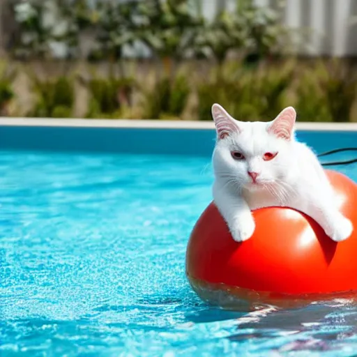 Image similar to cat with floating bouy enjoying a swim at the pool