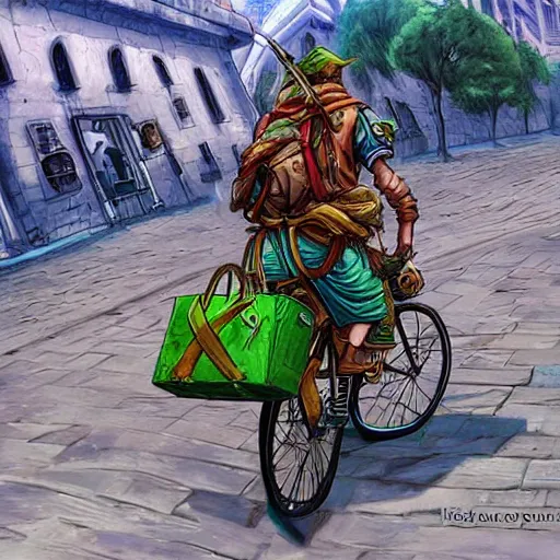 Image similar to a bicycle food delivery worker with a green bag on his back in Portugal, hearthstone art style, epic fantasy style art by kim jung gi, fantasy epic digital art