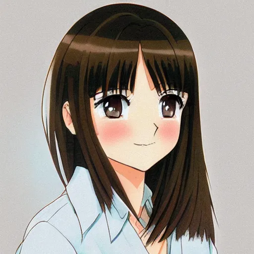 Prompt: A medium shot anime portrait of a happy brown-haired brunette anime woman, a single short ponytail, parted light brown hair, bare forehead, blue-eyed, blue eyes, big bold thick eyebrows, thick jawline, uniform teeth, big lips, round face, big round nose, closed lips, wearing a t-shirt, solid blue background, by Stanley Artgerm Lau, WLOP, Rossdraws, James Jean, Andrei Riabovitchev, Marc Simonetti, and Sakimi chan, trending on artstation