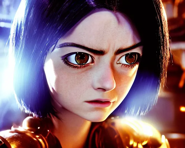 Image similar to a film still from battle angel alita played by actress emma stone, portrait, cinematic lighting, photorealistic, hyperrealistic, highly detailed, photorealistic, high resolution, 4 k