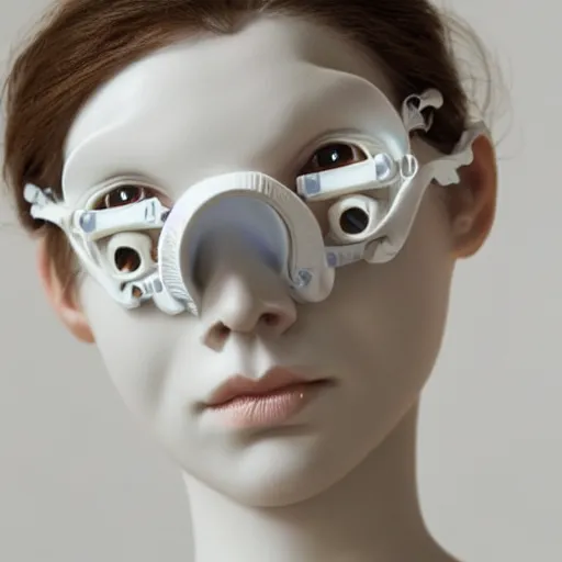 Prompt: full head and shoulders, beautiful female porcelain sculpture with lots of white 3 d cyborg elements, white prosthetics, 3 d goggles, smooth, all white features on a white background, delicate facial features, white eyes, white lashes, detailed white liquid, anatomical by daniel arsham and james jean