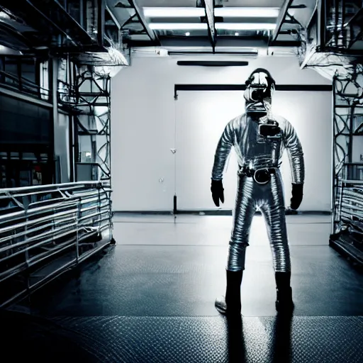 Prompt: mysterious man in silver space suit, walking on a small industrial catwalk, floating in deep space with a black background, photograph, wide angle, long shot