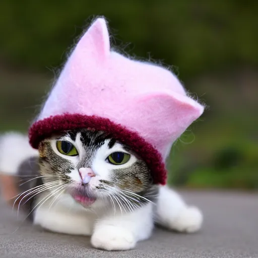 Image similar to cute cat photo, wearing wool hat, tongue sticking out, cat ears