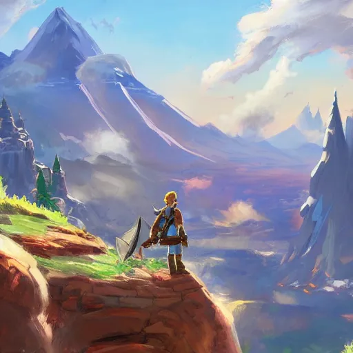 Image similar to oil painting breath of the wild landscape, mountain in the background. beautiful, rpg, dnd, artstation, artgerm, disney, pixar