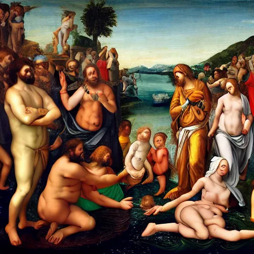 Prompt: A Renaissance painting of Jesus at a pool party with Greek and Hindu deities, highly detailed