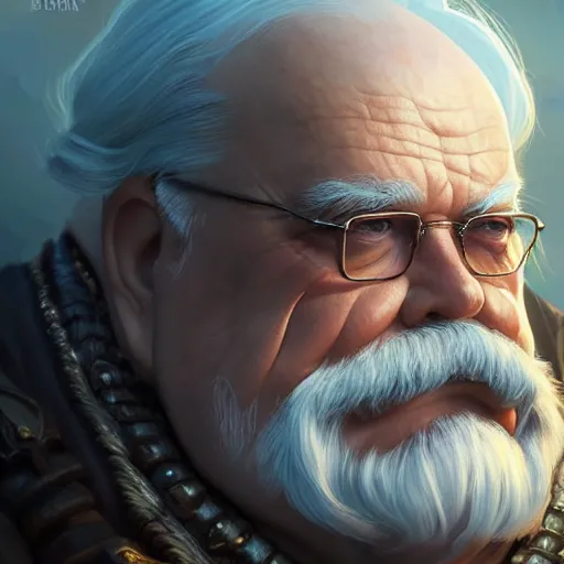 Image similar to Wilfred Brimley, closeup, D&D, fantasy, intricate, elegant, highly detailed, digital painting, artstation, concept art, matte, sharp focus, illustration, hearthstone, art by Artgerm and Greg Rutkowski and Alphonse Mucha