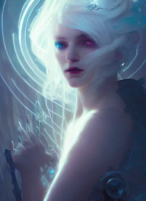 Image similar to a beautiful white haired princess, intricate concept art, ethereal, ominous, mysterious, enchanted, magic, dramatic lighting, illuminated lines, outrun, vaporware, cyberpunk darksynth, dark background, 8 k, by ruan jia and krenz cushart and alphonse mucha