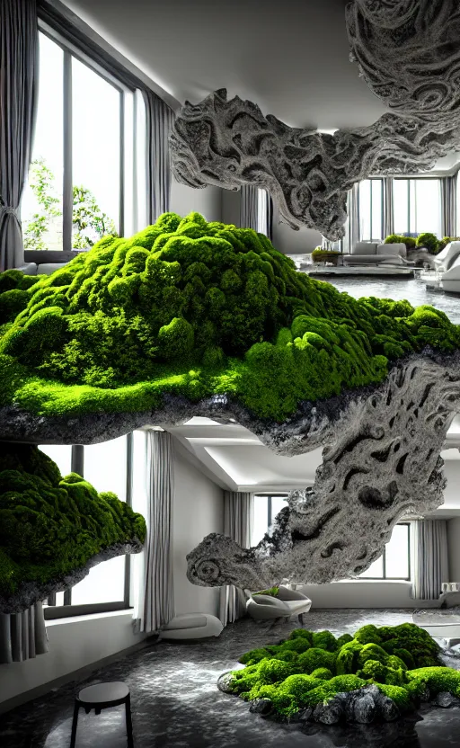 Image similar to highly detailed ultra sharp 3 d render villa interior cinematic composition of a smooth ceramic porcelain biomorphic magnolia stone nebula fluid fractal sci - fi surreal architecture landscape, granite, metallic, magnesium, marble, moss and lichen, vincent callebaut composition, mamou - mani, archviz, beautiful lighting, 8 k, unreal engine, hdr,