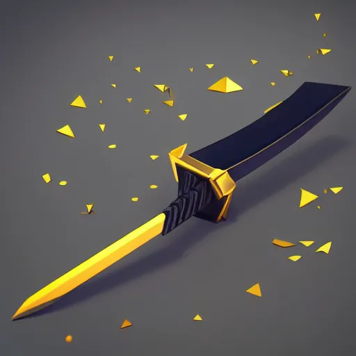 Image similar to black sword blade with golden hilt, icon, isometric, vector, low poly, blue background, cgsociety, volumetric lighting, artstation