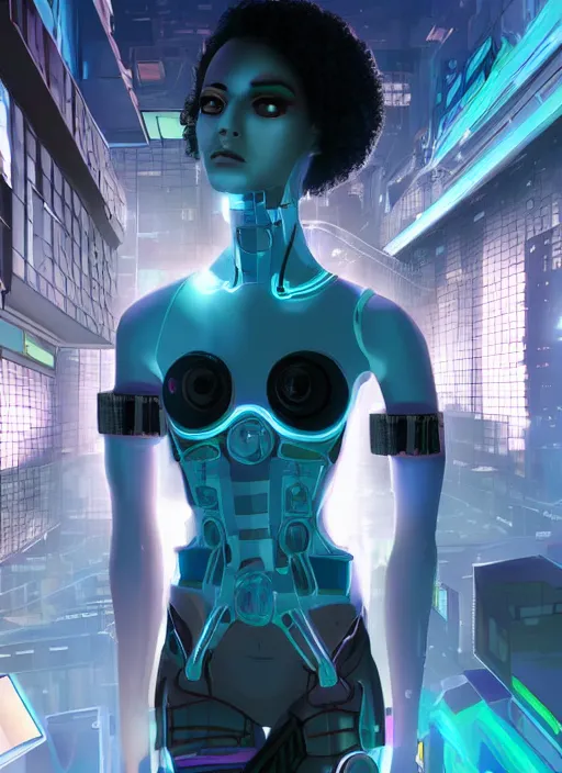 Prompt: a vaporware style style cyborg girl in a futuristic city