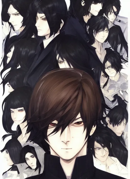 Prompt: portrait illustration by shigenori soejima, handsome male vampire, focus on face, pretty, long black hair, dark blue shirt, light brown coat