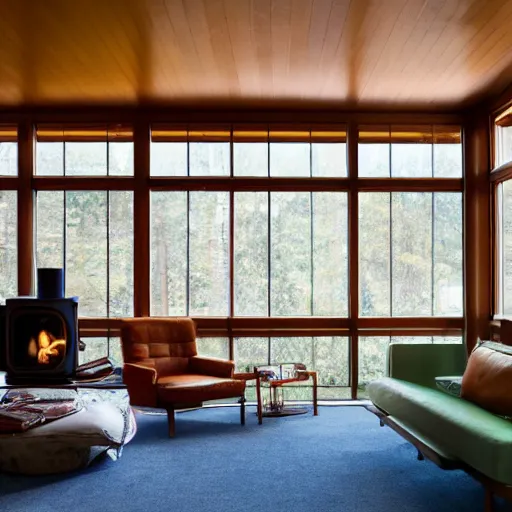 Image similar to mid century sunken living room, fireplace, big windows, frank lloyd wright