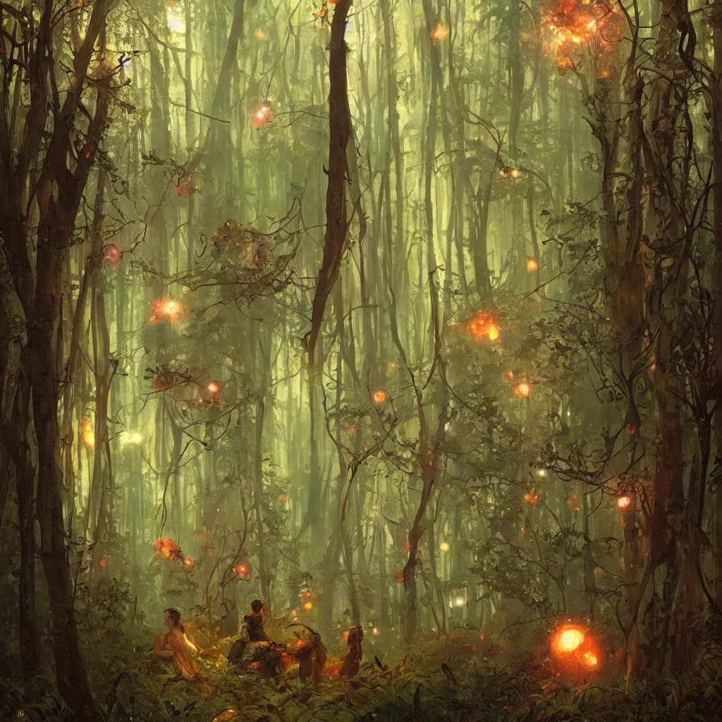 Image similar to forest, overdetailed art, by greg rutkowski, by alfons mucha, complementing colors, magic, colorful lights, fireflies, detailed illustration