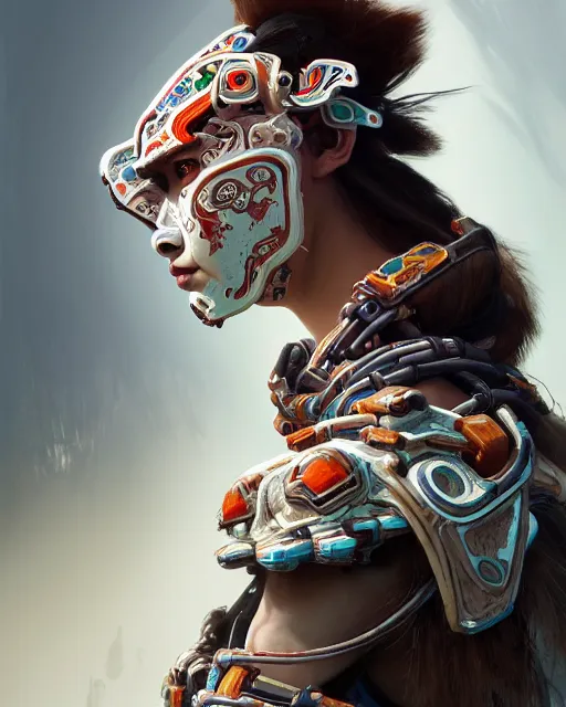 Image similar to portrait of a machine from horizon zero dawn, machine face, upper body, decorated with chinese opera motifs, asian, traditional chinese art, intricate, elegant, highly detailed, digital painting, artstation, concept art, smooth, sharp focus, illustration, art by artgerm and greg rutkowski and alphonse mucha, 8 k