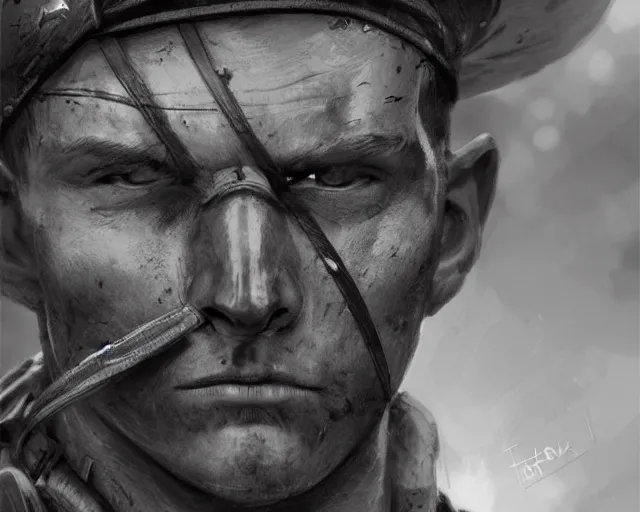 Image similar to A soldier cat warrior in world war one, close-up, realistic face, sharp facial features, mature facial features, black and white, amazing digital art, hyper detailed, artstation, in the style of Tony Sart