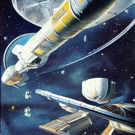 Prompt: starship enterprise docked at a space station, highly detailed 1 9 7 0 s scifi art