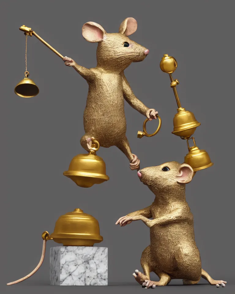 Prompt: a hyperrealistic, highly detailed statue of a mouse standing on two legs and holding a round bell made of white marble and gold, dramatic lighting, trending on artstation, sigma 5 0, hyper realisitic