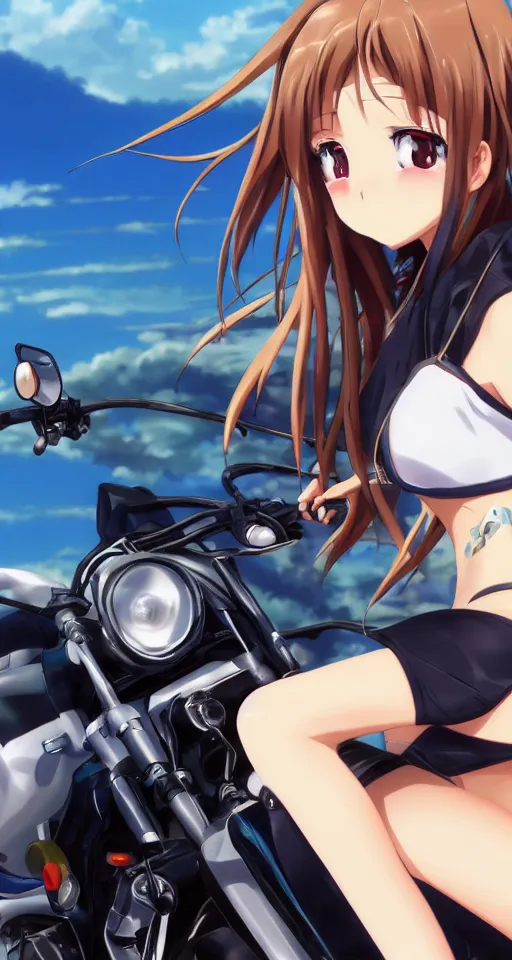 Image similar to close up of a high definition anime girl in a 1998 black Yamaha V80 motorbike with armenia quindio in the background , Artwork by Makoto Shinkai, pixiv, 8k, official media, wallpaper, hd