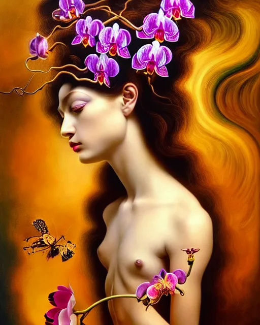 Image similar to portrait of the beautiful young goddess of orchids, unusual beauty, etheric, outworldly colours, emotionally evoking symbolic metaphors, head in focus, fantasy, ornamental, intricate, elegant, highly detailed hyperrealistic painting, artstation, concept art, painterly, golden ratio, sharp focus, illustration, art by salvador dali,