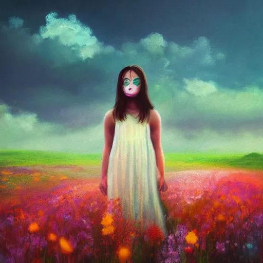 Image similar to girl with a flower face, surreal portrait, bizzare, dreamlike, standing in flower field, in a valley, sunrise dramatic light, impressionist painting, colorful clouds, artstation, simon stalenhag