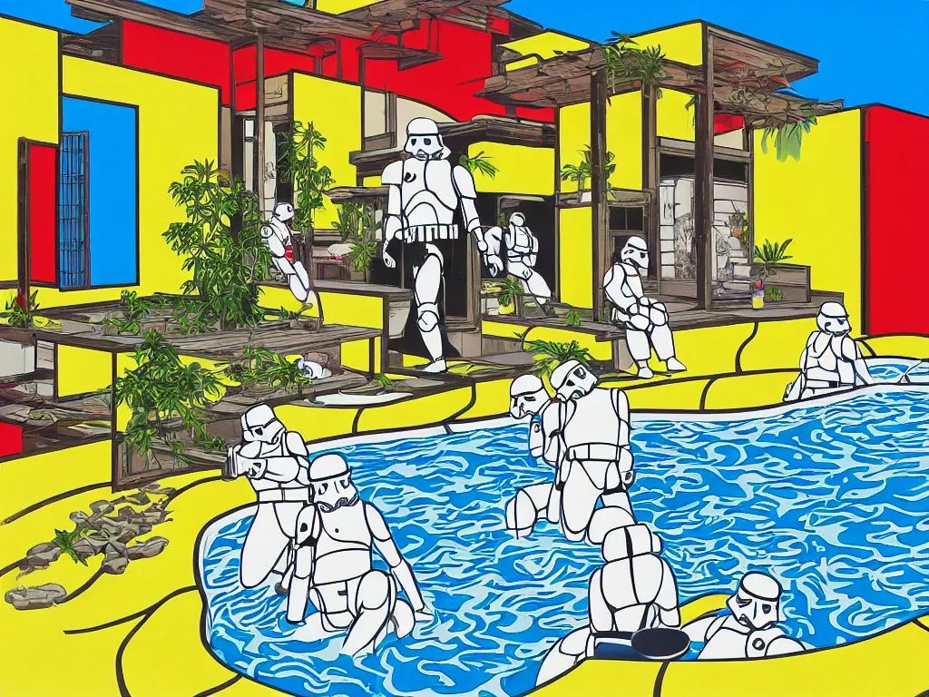 Image similar to hyperrealism composition of the japanese house with a hot springs in the garden, two detailed stormtroopers bathe in a hot spring, pop - art style, jacky tsai style, andy warhol style, roy lichtenstein style, acrylic on canvas