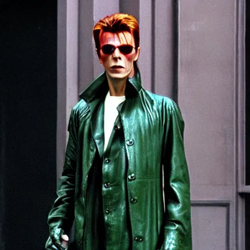 Image similar to David Bowie starring as Neo in The Matrix, green Matrix effect, leather trench coat, cinematic portrait