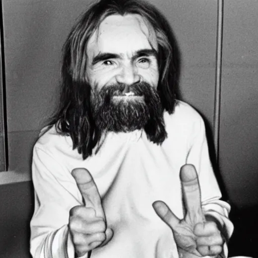 Image similar to Photo of Charles Manson smiling and giving the peace sign, circa 1970