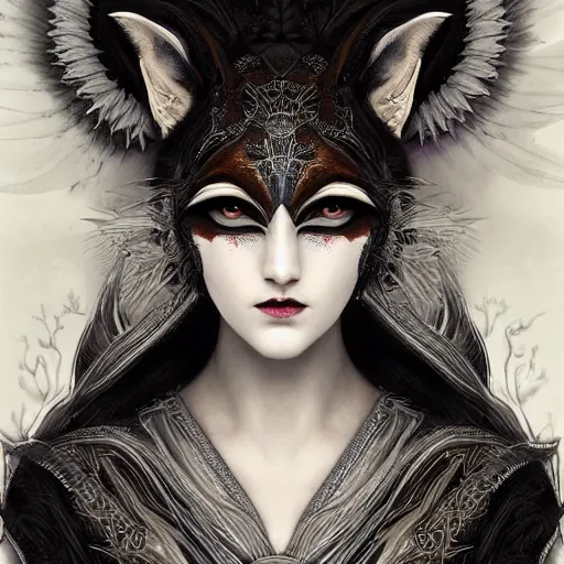 Prompt: tom bagshaw, soft painting fractal curiosities carnival, very beautiful fox female nightshade armor, symmetry accurate features, focus, very intricate ultrafine details, black white purple volumetric clouds, award winning masterpiece, octane render 8 k hd