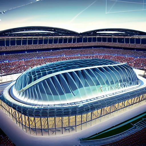 Prompt: national football stadium, made from glass, by zaha Hadid, 4k, unreal engine, realistic photo,