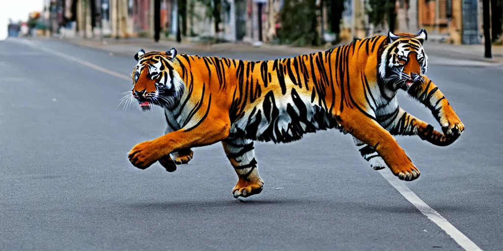 Prompt: tiger king in full speed in a empty street, kieth thomsen