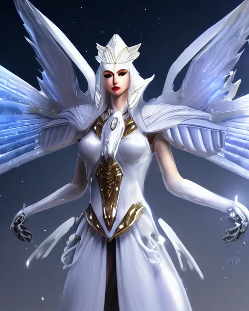 Image similar to perfect white haired egyptian goddess wearing white dove wings, warframe armor, regal, attractive, ornate, sultry, beautiful, ice queen, half asian, pretty face, blue eyes, detailed, scifi platform, 4 k, ultra realistic, epic lighting, android body, illuminated, cinematic, masterpiece, art by akihito tsukushi, voidstar
