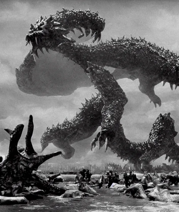 Image similar to a filmstill of a north korean monster movie, kaiju - eiga monster with starfish - arms trampling a traditional korean palace, foggy, film noir, epic battle, etheral, explosions, communist propaganda, communist epic thriller, by kim jong - il and akira kurosawa and tim burton, video compression