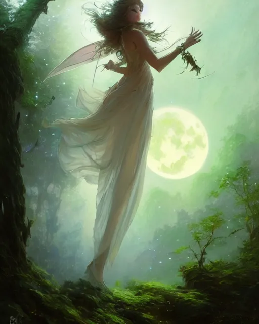 Image similar to a portrait of beautiful fairy goddness fly high in the night, d & d, fantasy, mist, full moon in background, trees, hyper detailed,, midium shot, an oil painting by ruan jia, trending on artstation, concept art, sharp focus, illustration, gaston bussiere, craig mullins, j. c. leyendecker, beautiful lighting