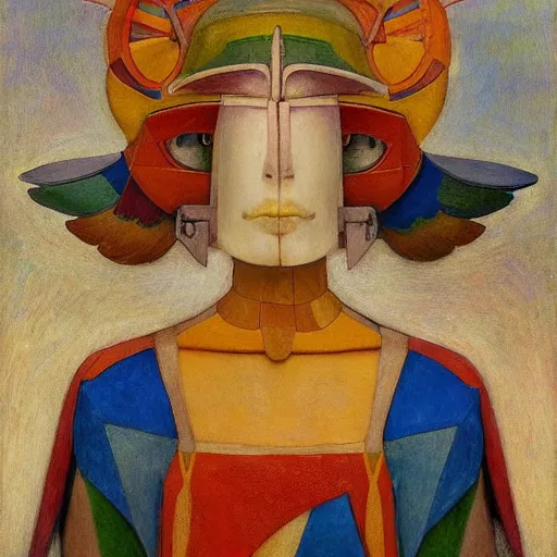 Prompt: the young robot goddess with her feathered bird mask, by annie swynnerton and diego rivera and elihu vedder, symbolist, dramatic lighting, elaborate geometric ornament, head and shoulders view, art brut, soft cool colors, smooth, sharp focus, extremely detailed, adolf wolfli