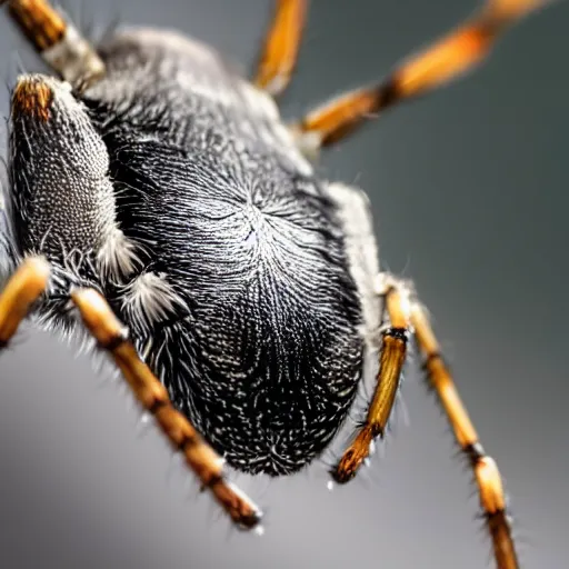 Prompt: a spider that has only one eye, camera reflection on spider's eye visible, background white, 4K, close-up shoot