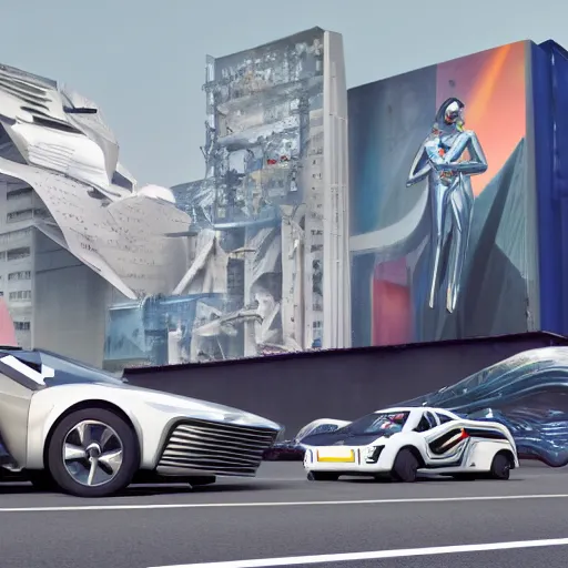 Image similar to sci-fi cars trucks motorcycles 50% of canvas in center and wall near structure on the coronation of napoleon painting and digital billboard in the middle and everything in style of zaha hadid and suprematism forms unreal engine 5 keyshot octane artstation trending bladerunner 2049 colors lighting ultra high detail ultra photo realistic 8k 16k in plastic dark tilt shift