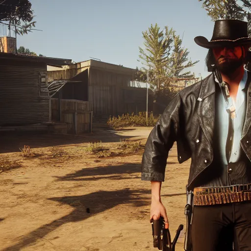 Image similar to cyberpunk red dead redemption 2 crossover, 3d render, raytraced, cgsociety