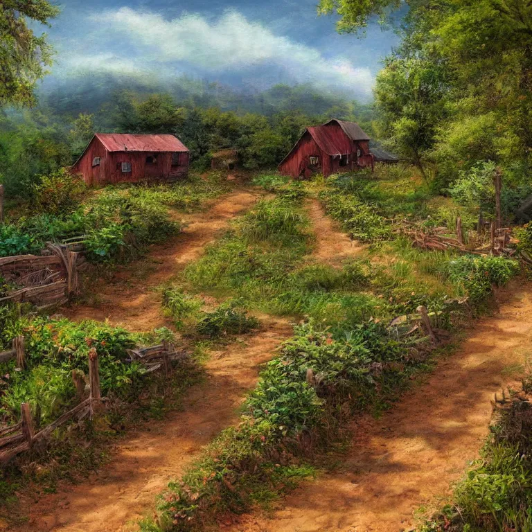 Image similar to view down a dirt road of a valley farmstead with gardens by Walt Curlee, fantasy art, folk art, 4k