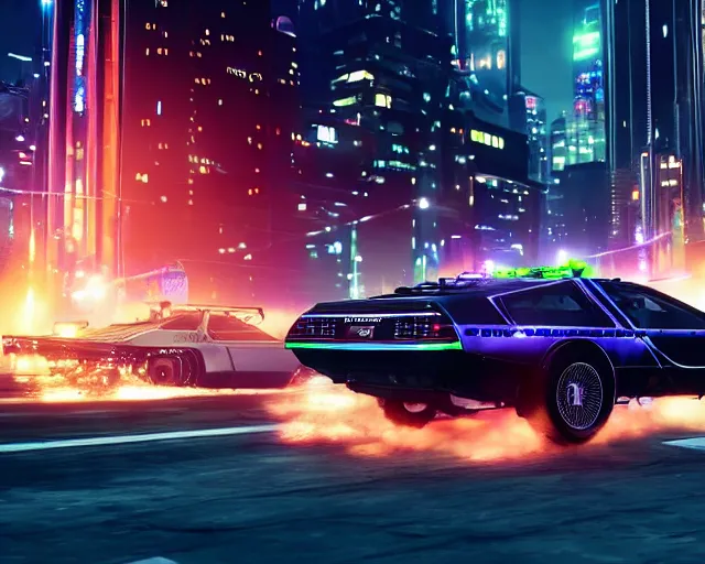 Prompt: photo of a vehicle concept design delorean being chased by police on wet cyberpunk city streets at night, rocket league tank, mad max, action, speed, volumetric lighting, hdr, gta 5, makoto shinkai, syd mead, borderlands, fast and furious, octane, 8 k