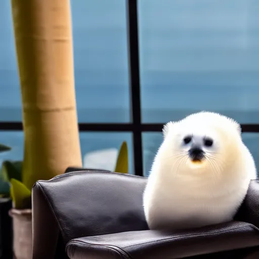 Prompt: a baby harp seal sitting near a box marked top secret, sitting on a beautiful dark leather chair at a luxury resort, palm trees outside the windows, panasonic, photo, gentle bokeh